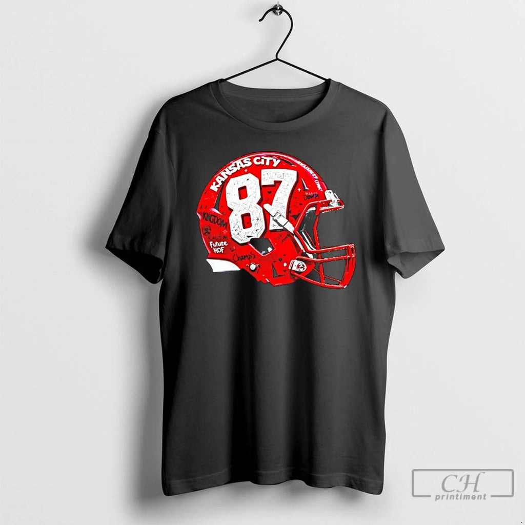 Classic Kansas City Chiefs Travis Kelce 87 Graffiti Helmet T Shirts Unisex T-shirt, Sweatshirt, Hoodie, Long Sleeve Tee - T-Shirt, Sweatshirt, Hoodie
