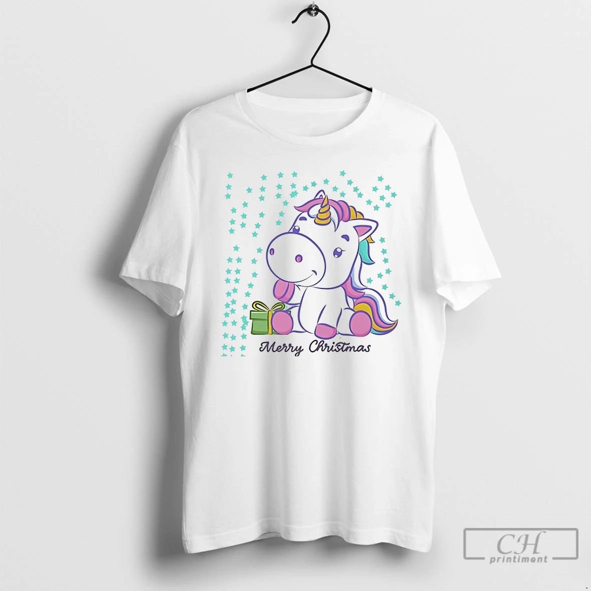 Classic Merry Christmas Unicorn Gift Box Stars White T Shirts Unisex T-shirt, Sweatshirt, Hoodie, Long Sleeve Tee - T-Shirt, Sweatshirt, Hoodie