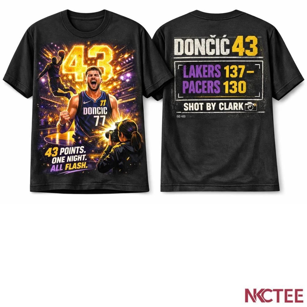 NKCtees 2026 NBA Flash & Fire 43 Luka Doni Graphic Lakers beat Pacers 137-130 shirt Unisex T-shirt, Sweatshirt, Hoodie, Long Sleeve Tee - T-Shirt, Sweatshirt, Hoodie