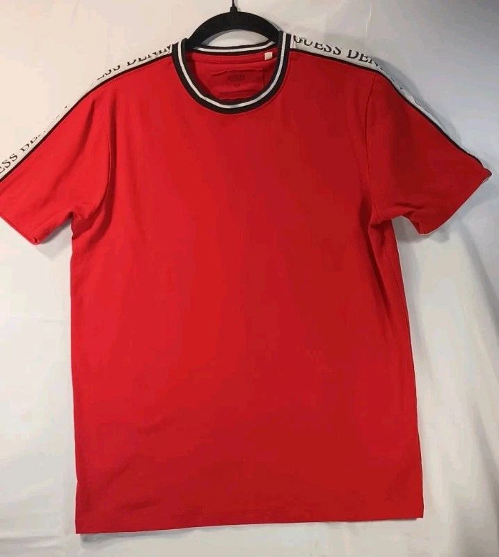 Guess Size Mens Small Red Logo Spell Out On Shoulder & Sleeve Streetwear Casual Unisex T-shirt, Sweatshirt, Hoodie, Long Sleeve Tee - T-Shirt, Sweatshirt, Hoodie