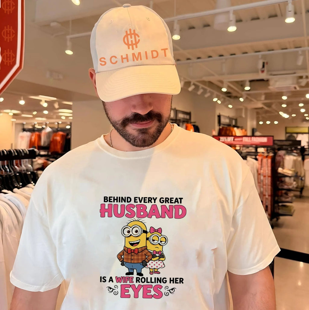 Behind every great husband is a wife rolling her eyes Minion shirt Unisex T-shirt, Sweatshirt, Hoodie, Long Sleeve Tee - T-Shirt, Sweatshirt, Hoodie