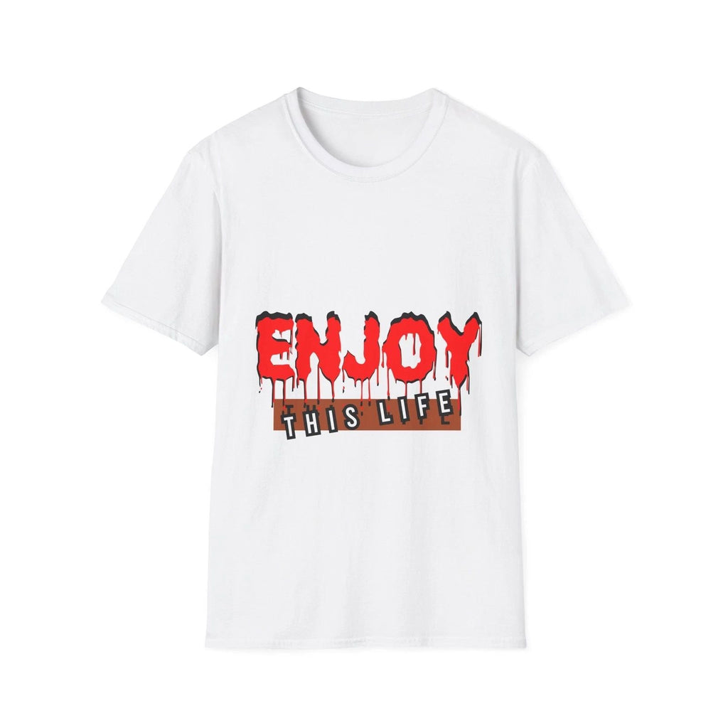 Enjoy This Life graphic T-shirt | Drip Red Lettering, Streetwear Unisex T-shirt, Sweatshirt, Hoodie, Long Sleeve Tee - T-Shirt, Sweatshirt, Hoodie