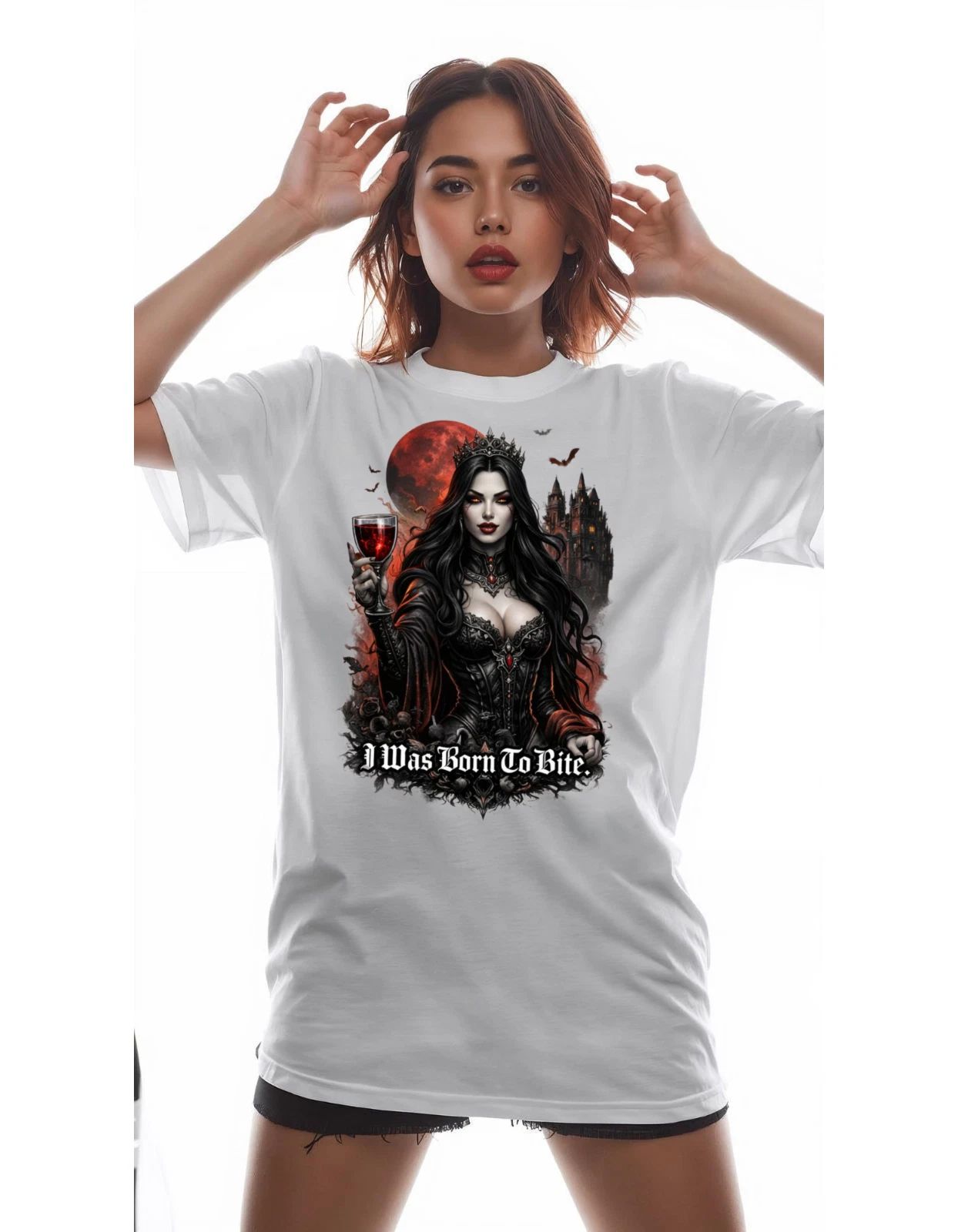 Dark Vampire Woman 'I Was Born To Bite' T-Shirt | Gothic Vampire Tee shirt x her Unisex T-shirt, Sweatshirt, Hoodie, Long Sleeve Tee - T-Shirt, Sweatshirt, Hoodie