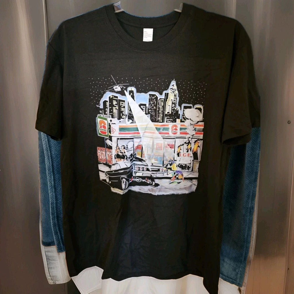 T-Shirt With Graphic Of Lowrider Car, City Skyline, 7-Eleven-Style Store Sz XL Unisex T-shirt, Sweatshirt, Hoodie, Long Sleeve Tee - T-Shirt, Sweatshirt, Hoodie