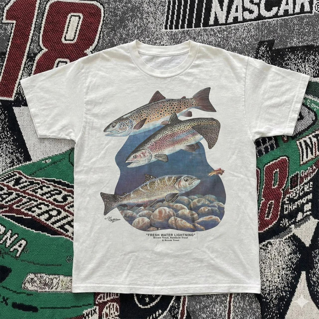 Vintage Style 90s Trout Fresh Water Lightning Angler Fly Fishing T Shirt Unisex T-shirt, Sweatshirt, Hoodie, Long Sleeve Tee - T-Shirt, Sweatshirt, Hoodie