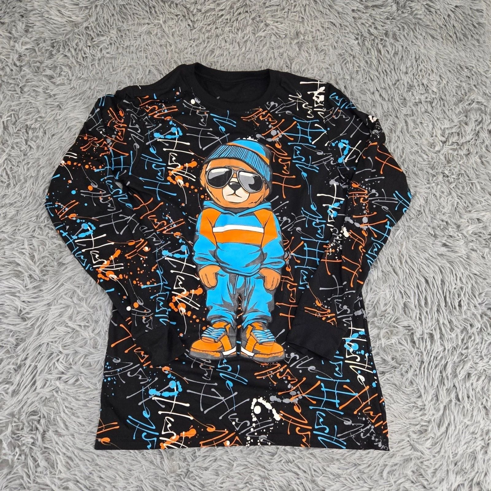 Vibes Hustle Bear Graphic Tee Mens Small Black Long Sleeve Excellent Streetwear Unisex T-shirt, Sweatshirt, Hoodie, Long Sleeve Tee - T-Shirt, Sweatshirt, Hoodie