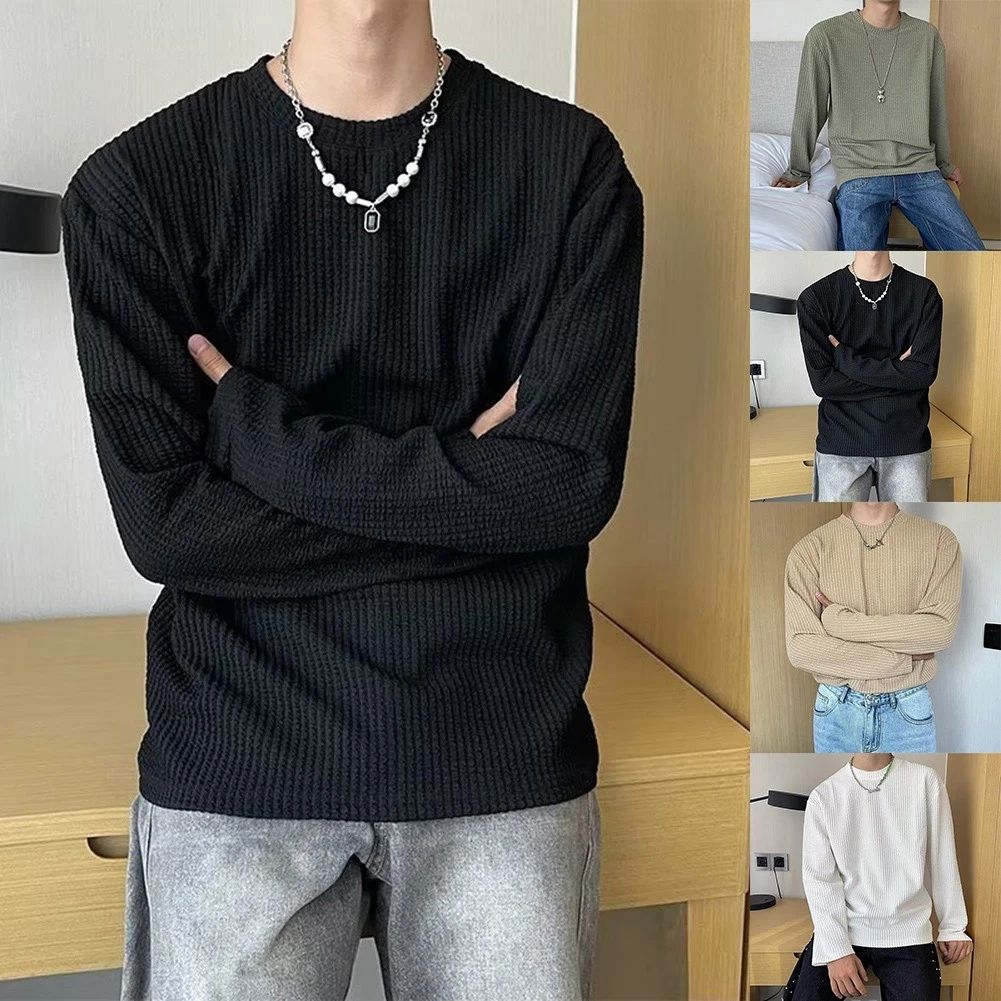 Fashionable Mens Waffle Long Sleeves TShirt Crew Neck Perfect for Daily Outfits Unisex T-shirt, Sweatshirt, Hoodie, Long Sleeve Tee - T-Shirt, Sweatshirt, Hoodie