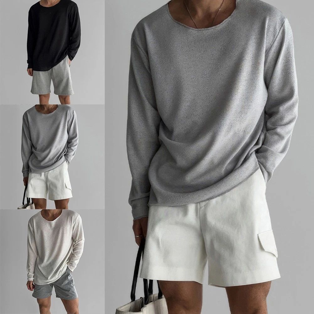Men's Knitted Long Sleeve T Shirt Solid Color for Daily Vacation Style Unisex T-shirt, Sweatshirt, Hoodie, Long Sleeve Tee - T-Shirt, Sweatshirt, Hoodie