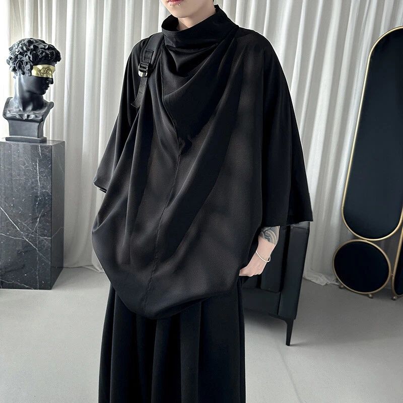 Men Silk Satin Gothic Shirt 3/4 Sleeve Loose Tops Punk Short Sleeve Stand Collar Unisex T-shirt, Sweatshirt, Hoodie, Long Sleeve Tee - T-Shirt, Sweatshirt, Hoodie