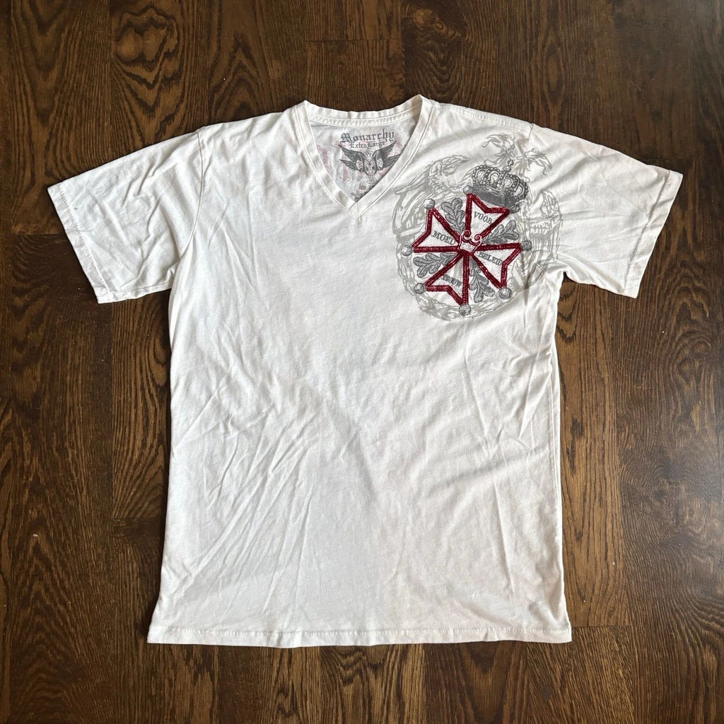 VTG Monarchy Shirt Mens XL White Red V-Neck Graphic Y2K Affliction Style Grunge Unisex T-shirt, Sweatshirt, Hoodie, Long Sleeve Tee - T-Shirt, Sweatshirt, Hoodie