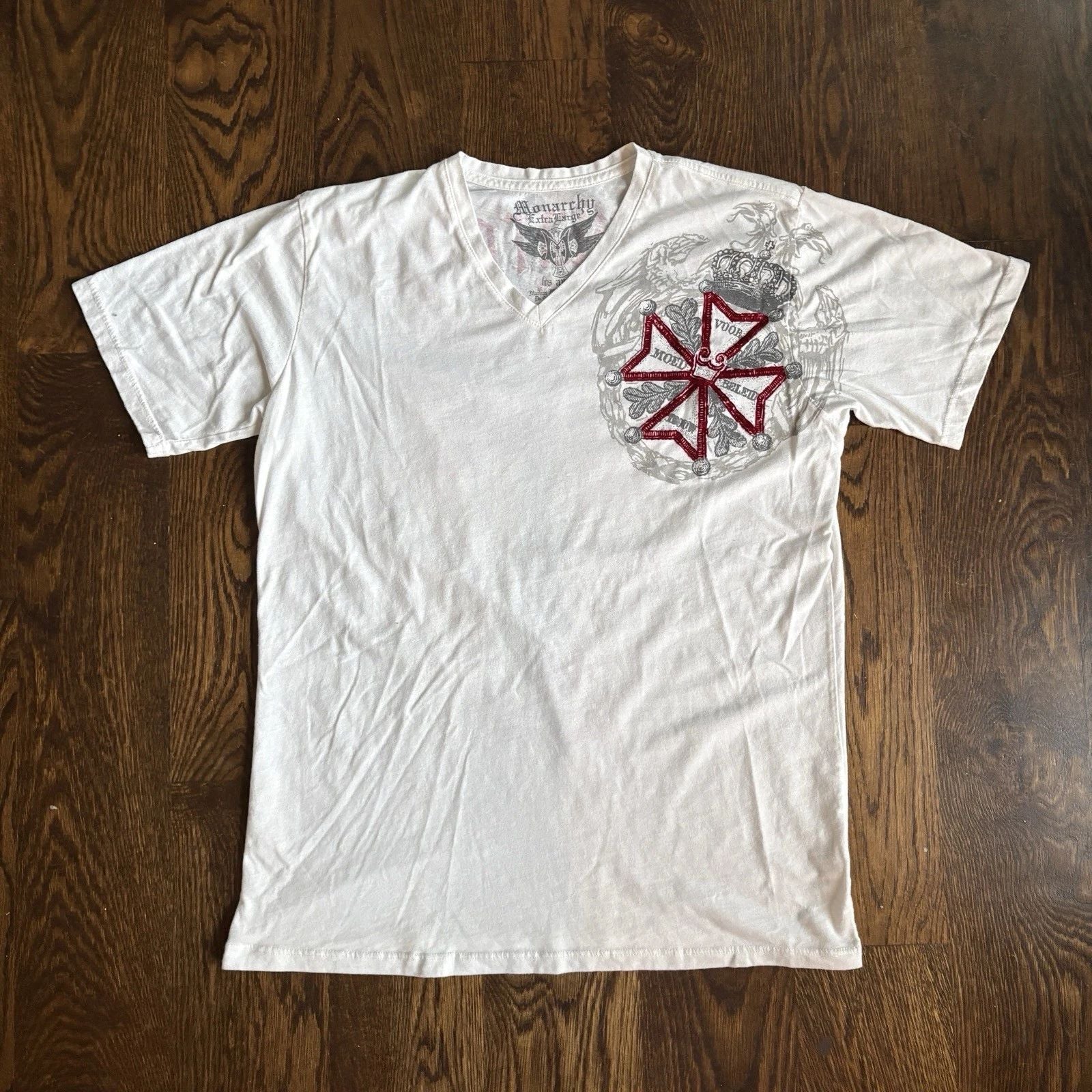 VTG Monarchy Shirt Mens XL White Red V-Neck Graphic Y2K Affliction Style Grunge Unisex T-shirt, Sweatshirt, Hoodie, Long Sleeve Tee - T-Shirt, Sweatshirt, Hoodie