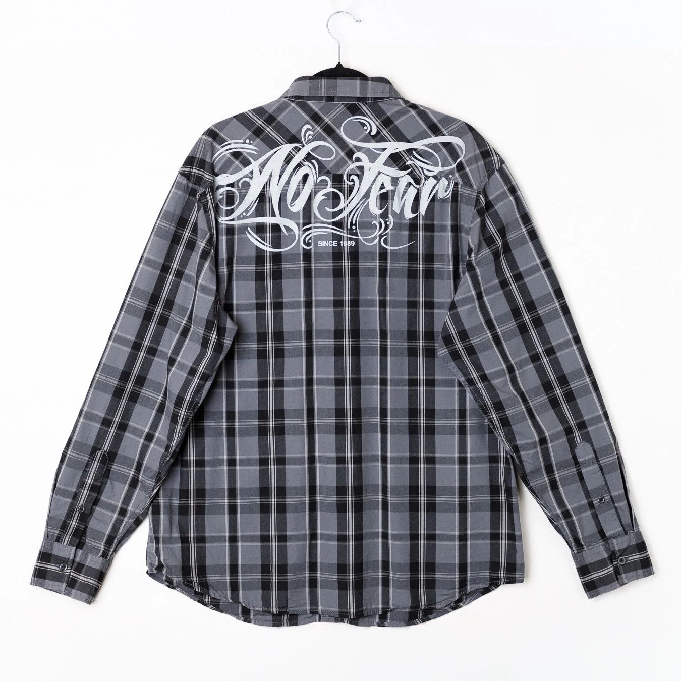 Y2K No Fear Born To Ride Plaid Shirt XL Grey Black Cotton Long Sleeve Unisex T-shirt, Sweatshirt, Hoodie, Long Sleeve Tee - T-Shirt, Sweatshirt, Hoodie