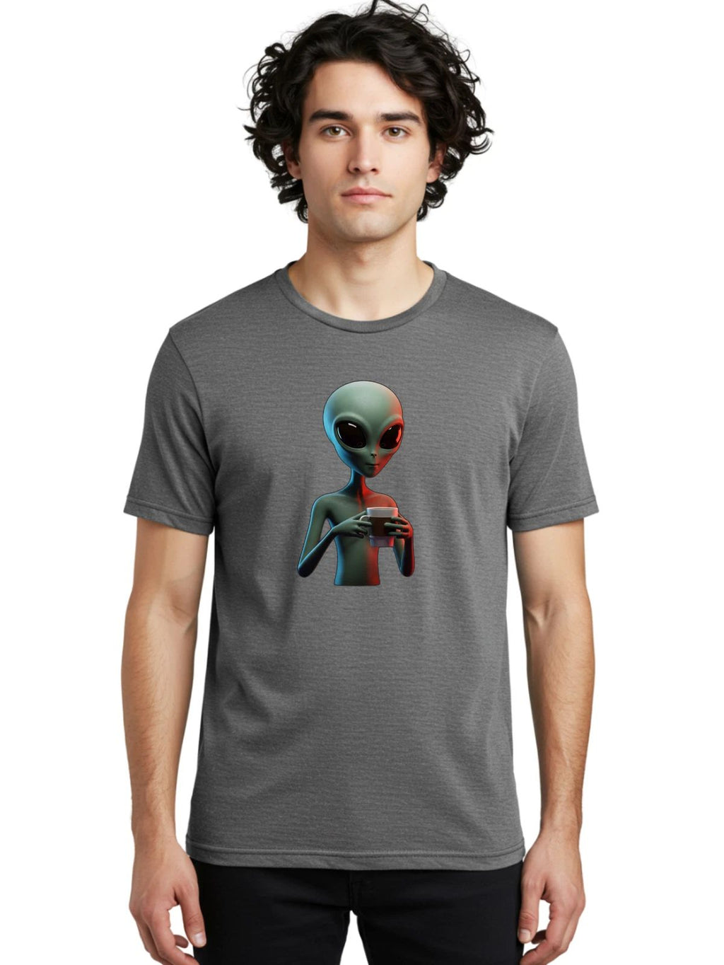Alien-With-Coffee-Mug Mens Graphic Tee, 100% Cotton, Casual Summer Wear Unisex T-shirt, Sweatshirt, Hoodie, Long Sleeve Tee - T-Shirt, Sweatshirt, Hoodie