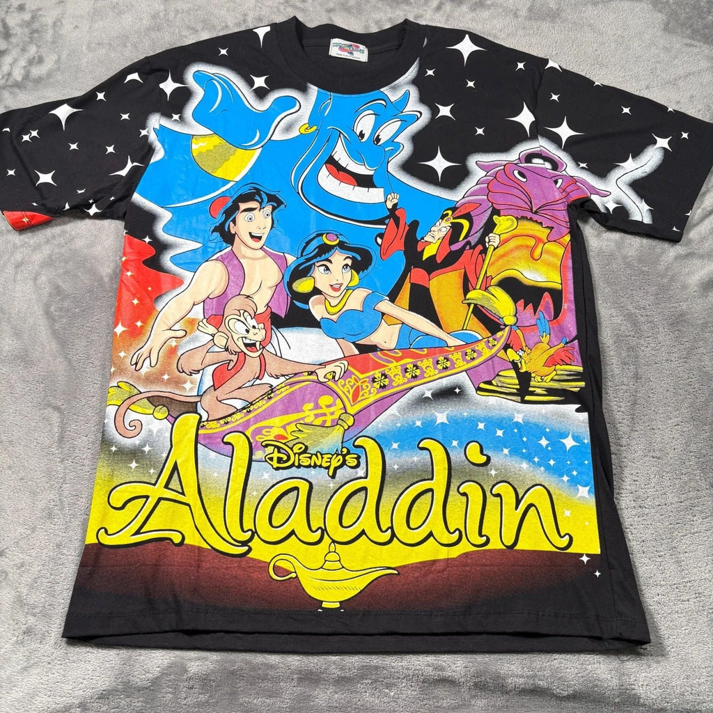 Street Couture T-Shirt Mens Large Black AOP Aladdin All Over Print Cartoon Unisex T-shirt, Sweatshirt, Hoodie, Long Sleeve Tee - T-Shirt, Sweatshirt, Hoodie