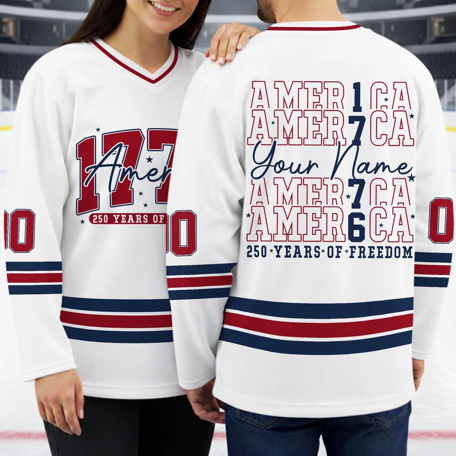 Personalized 250 America Years of Freedom Hockey Jersey, Custom Name 1776-2026 Shirt Unisex T-shirt, Sweatshirt, Hoodie, Long Sleeve Tee - T-Shirt, Sweatshirt, Hoodie