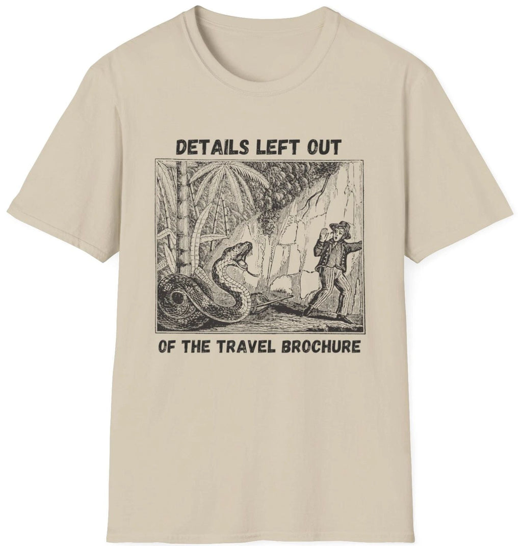 Travel Brochure T Shirt graphic tee Sand Size S Unisex T-shirt, Sweatshirt, Hoodie, Long Sleeve Tee - T-Shirt, Sweatshirt, Hoodie