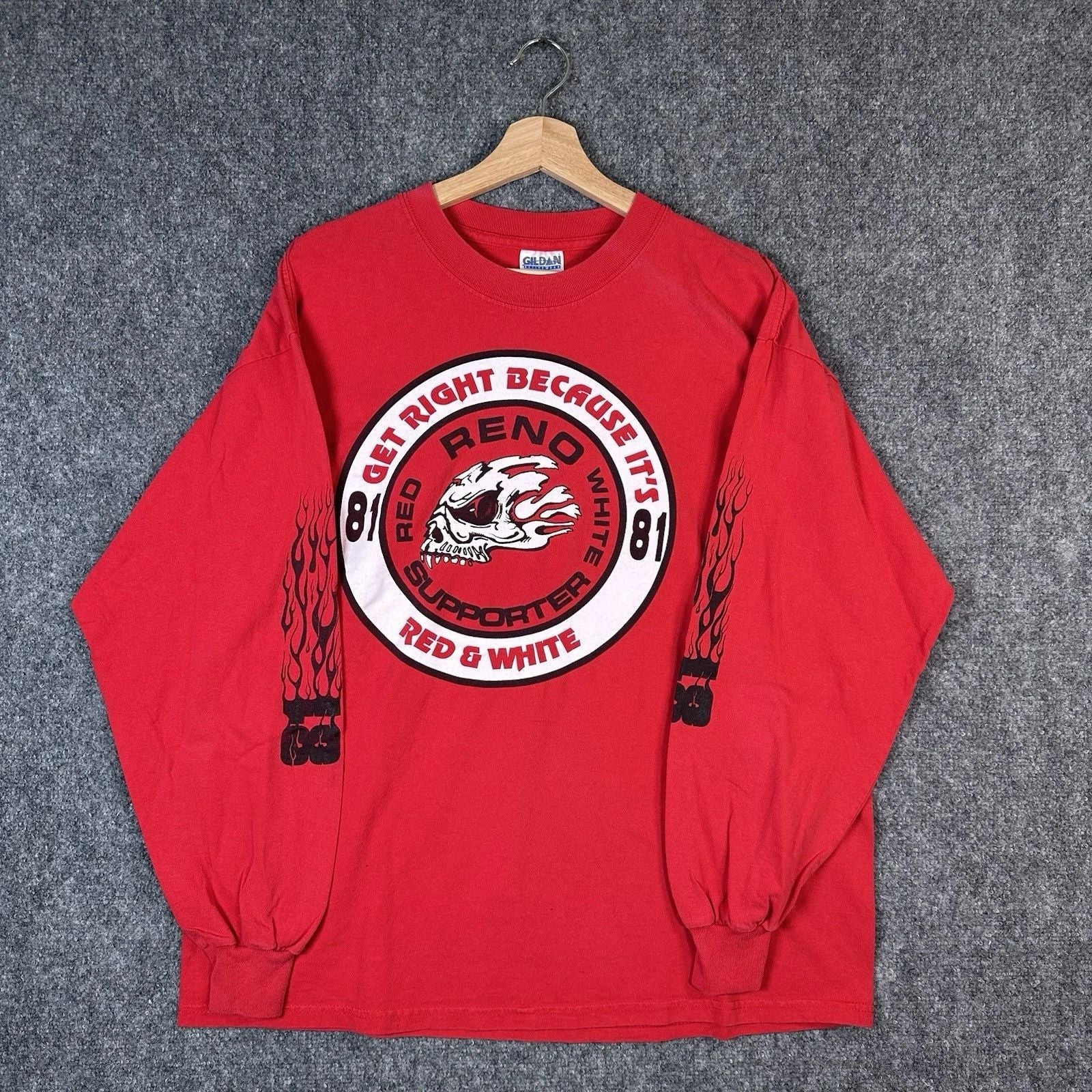 Vintage Hells Angels 81 Flames Long Sleeve Shirt Support Red & White Reno XL Unisex T-shirt, Sweatshirt, Hoodie, Long Sleeve Tee - T-Shirt, Sweatshirt, Hoodie