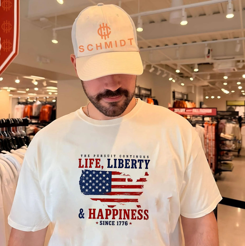 The pursuit continues life liberty and happiness since 1776 America flag shirt Unisex T-shirt, Sweatshirt, Hoodie, Long Sleeve Tee - T-Shirt, Sweatshirt, Hoodie