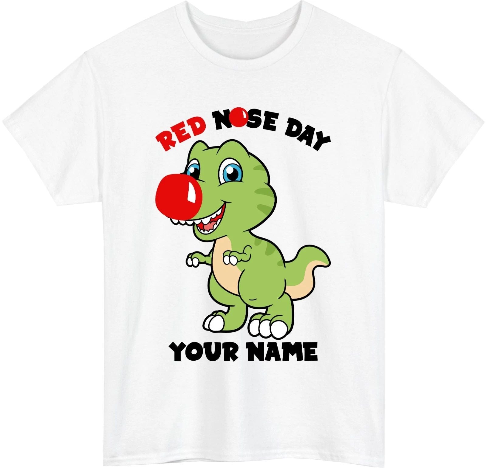 Personalised Red Nose Day Dino T-Shirt Custom Name T-Rex Dinosaur Gift Tee Top Unisex T-shirt, Sweatshirt, Hoodie, Long Sleeve Tee - T-Shirt, Sweatshirt, Hoodie