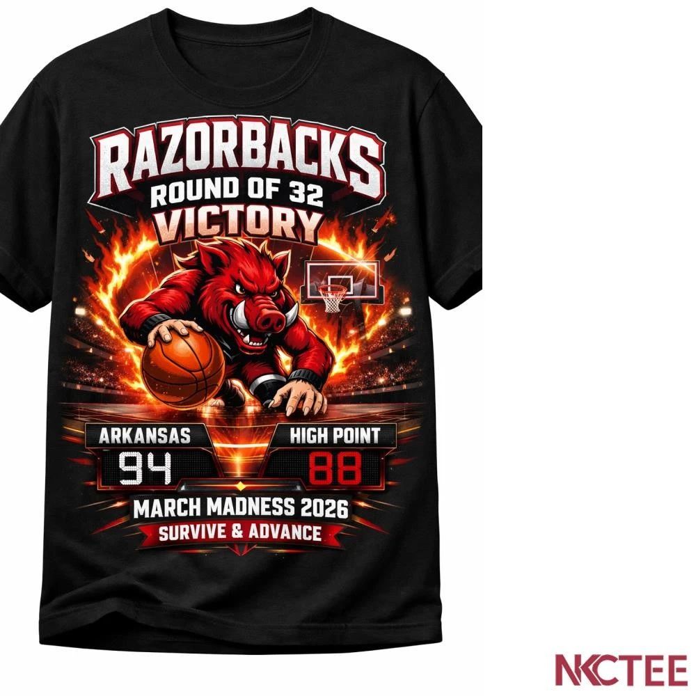 NKCtees Arkansas Razorbacks March Madness 2026 Round of 32 Victory Shirt 94-88 High Point Panthers - T-Shirt, Sweatshirt, Hoodie