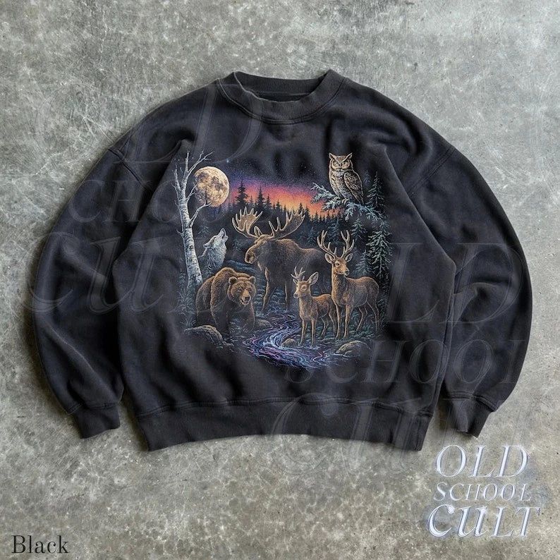 Retro Forest Animals Sweatshirt, Vintage 90s Wildlife Sweater, Wolf Moose Deer Unisex T-shirt, Sweatshirt, Hoodie, Long Sleeve Tee - T-Shirt, Sweatshirt, Hoodie
