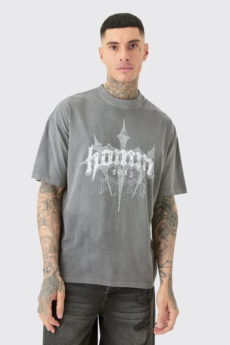 boohooMAN Tall Oversized Homme Cross T-shirt, Style# BMM86826, Size M, Grey Unisex T-shirt, Sweatshirt, Hoodie, Long Sleeve Tee - T-Shirt, Sweatshirt, Hoodie