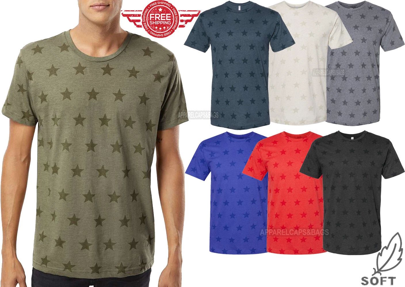 Mens Star Print T-Shirt Soft Blended Fine Jersey Tee S-XL 2XL, 3XL NEW! Unisex T-shirt, Sweatshirt, Hoodie, Long Sleeve Tee - T-Shirt, Sweatshirt, Hoodie