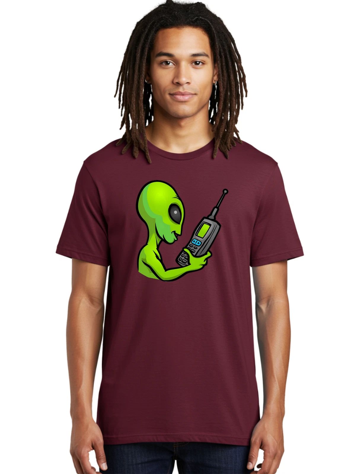 Alien-With-Phone-1 Mens Graphic Tee, 100% Cotton, Casual Summer Wear Unisex T-shirt, Sweatshirt, Hoodie, Long Sleeve Tee - T-Shirt, Sweatshirt, Hoodie