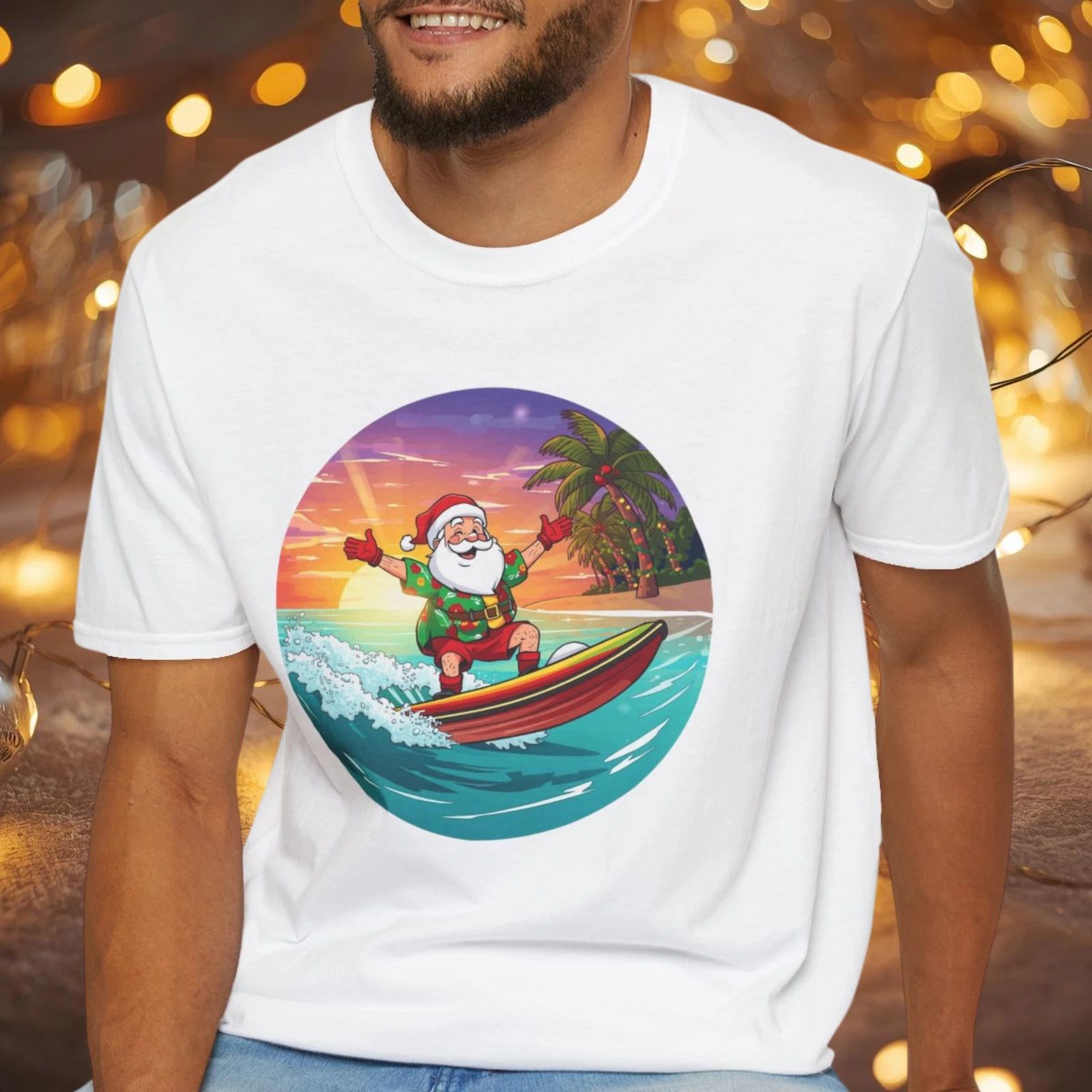 Tropical Surfing Santa Shirt, Family Christmas Shirts, Christmas Holiday Gift Unisex T-shirt, Sweatshirt, Hoodie, Long Sleeve Tee - T-Shirt, Sweatshirt, Hoodie