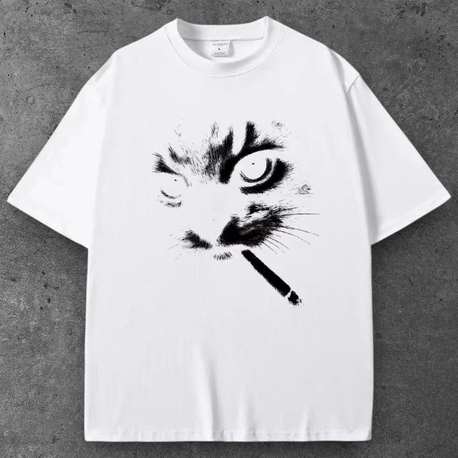 Unisex Cat Smoking Cigarette Oversized T Shirt White Y2K Casual Streetwear S-2XL Unisex T-shirt, Sweatshirt, Hoodie, Long Sleeve Tee - T-Shirt, Sweatshirt, Hoodie