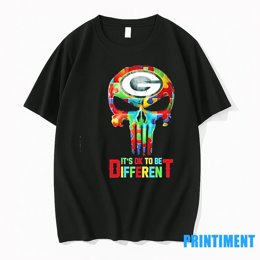 Skull X Green Bay Packers Autism Its Ok To Be Different Tshirts Sweater Unisex T-shirt, Sweatshirt, Hoodie, Long Sleeve Tee - T-Shirt, Sweatshirt, Hoodie