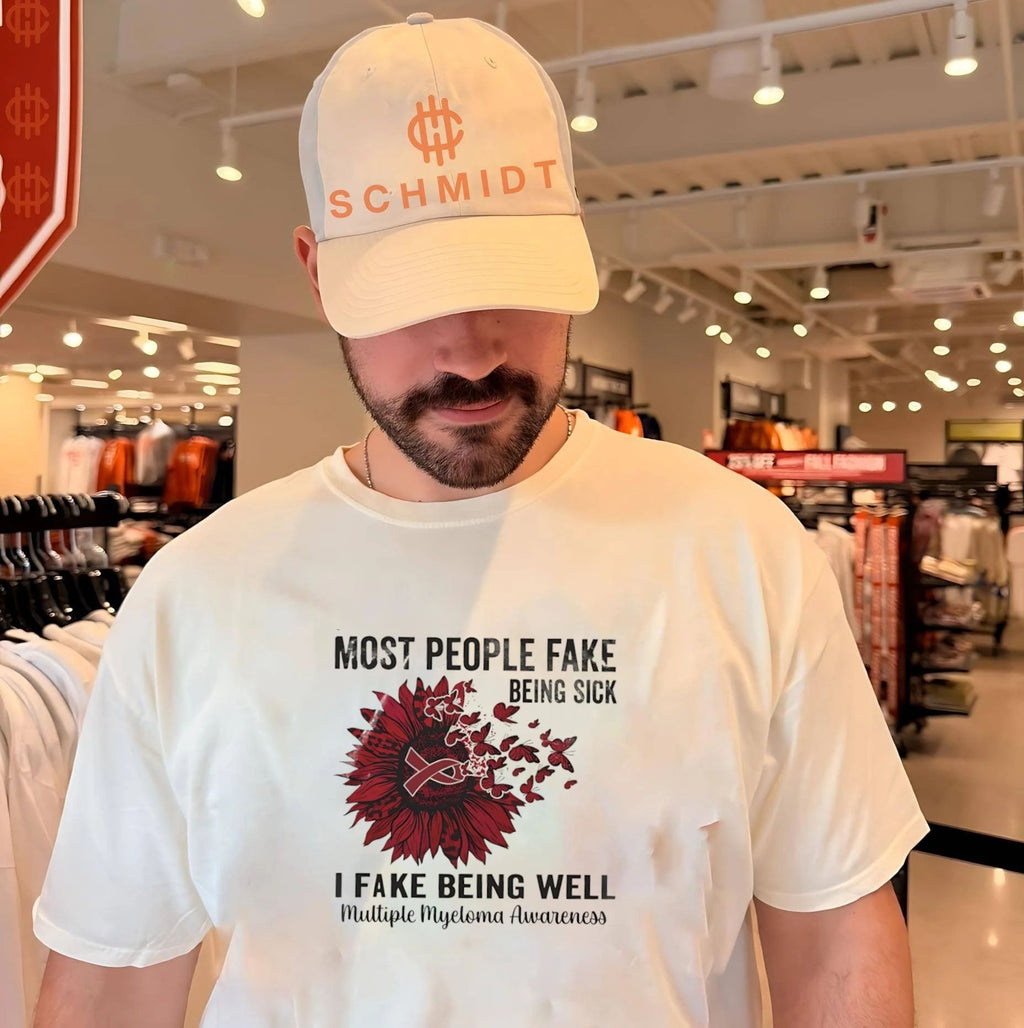 Most people fake being sick I fake being well red ribbon Multiple Myeloma Awareness shirt Unisex T-shirt, Sweatshirt, Hoodie, Long Sleeve Tee - T-Shirt, Sweatshirt, Hoodie