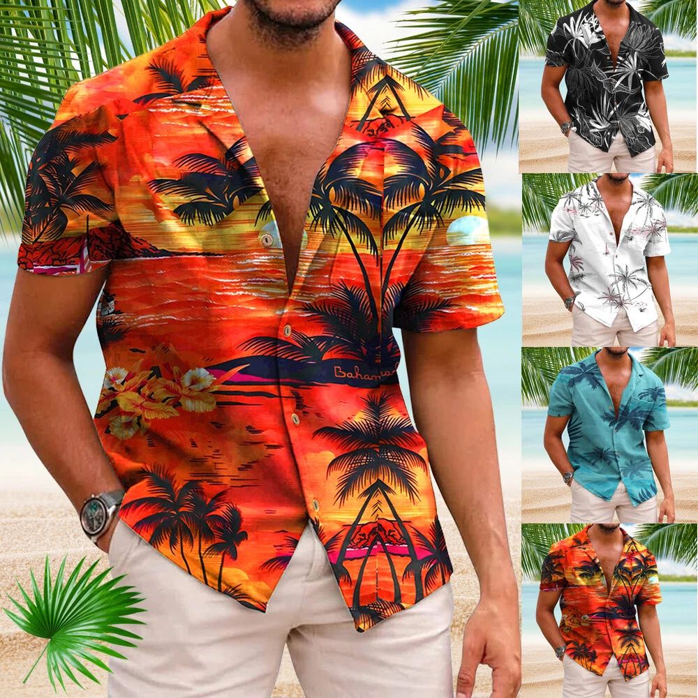 Hawaiian Shirt Mens Button Down Coconut Tree Print Beach Vacation Cruise Party Unisex T-shirt, Sweatshirt, Hoodie, Long Sleeve Tee - T-Shirt, Sweatshirt, Hoodie