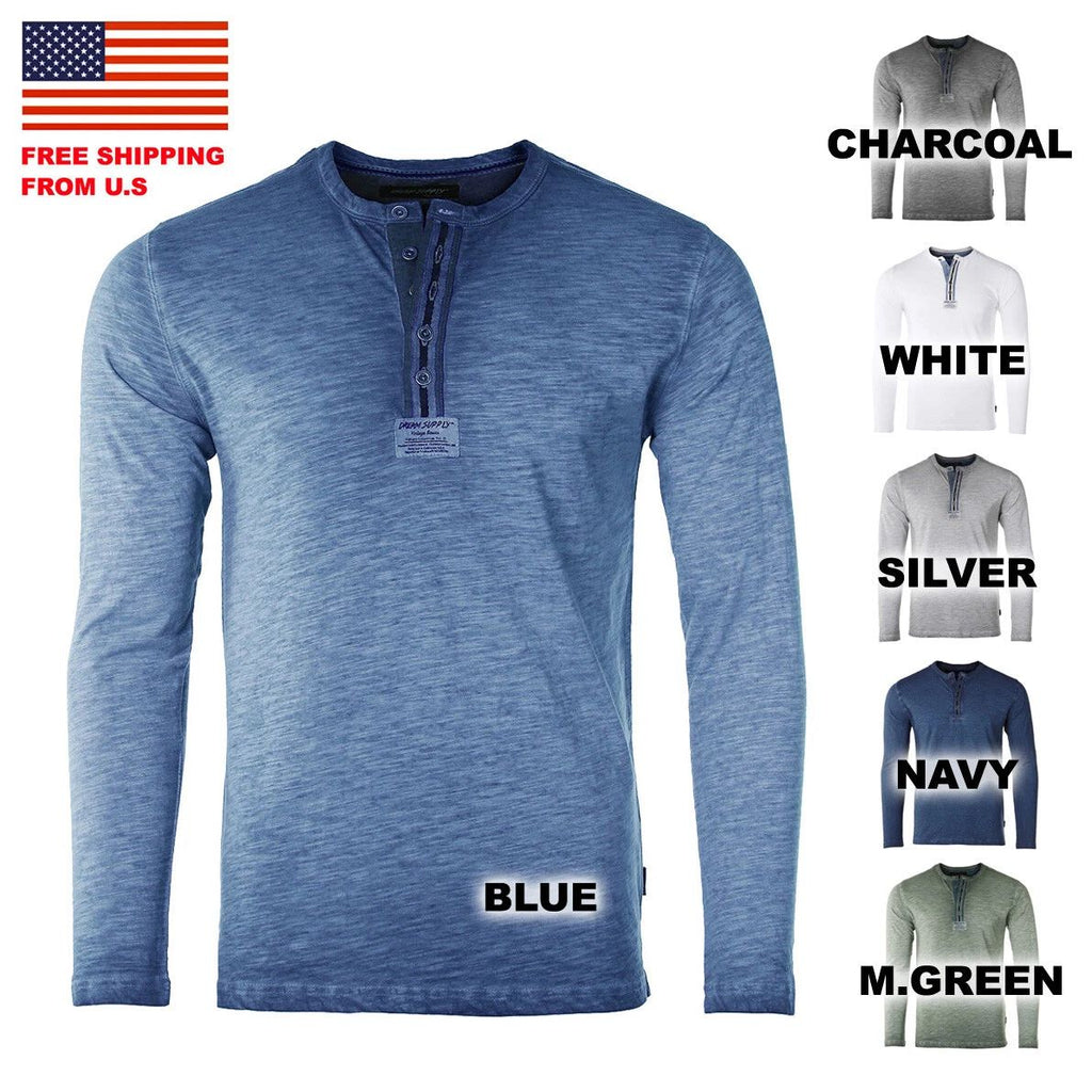 ZIMEGO Mens Long Sleeve Crew Neck Oil Wash Vintage Button Henley T-Shirt Unisex T-shirt, Sweatshirt, Hoodie, Long Sleeve Tee - T-Shirt, Sweatshirt, Hoodie
