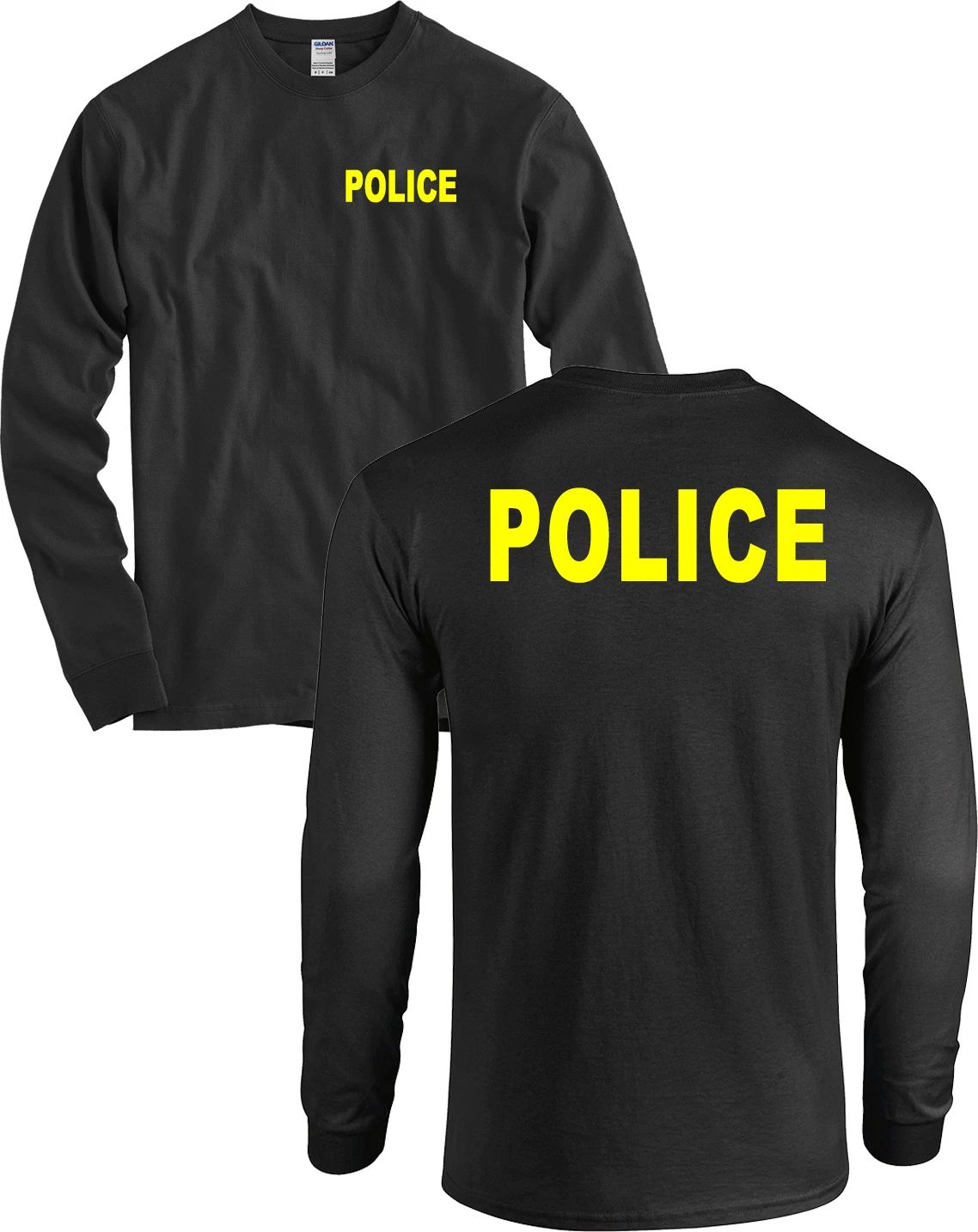 POLICE Front and Back Long Sleeve Shirt Huge NEON YELLOW LETTERS Black - NEW Unisex T-shirt, Sweatshirt, Hoodie, Long Sleeve Tee - T-Shirt, Sweatshirt, Hoodie