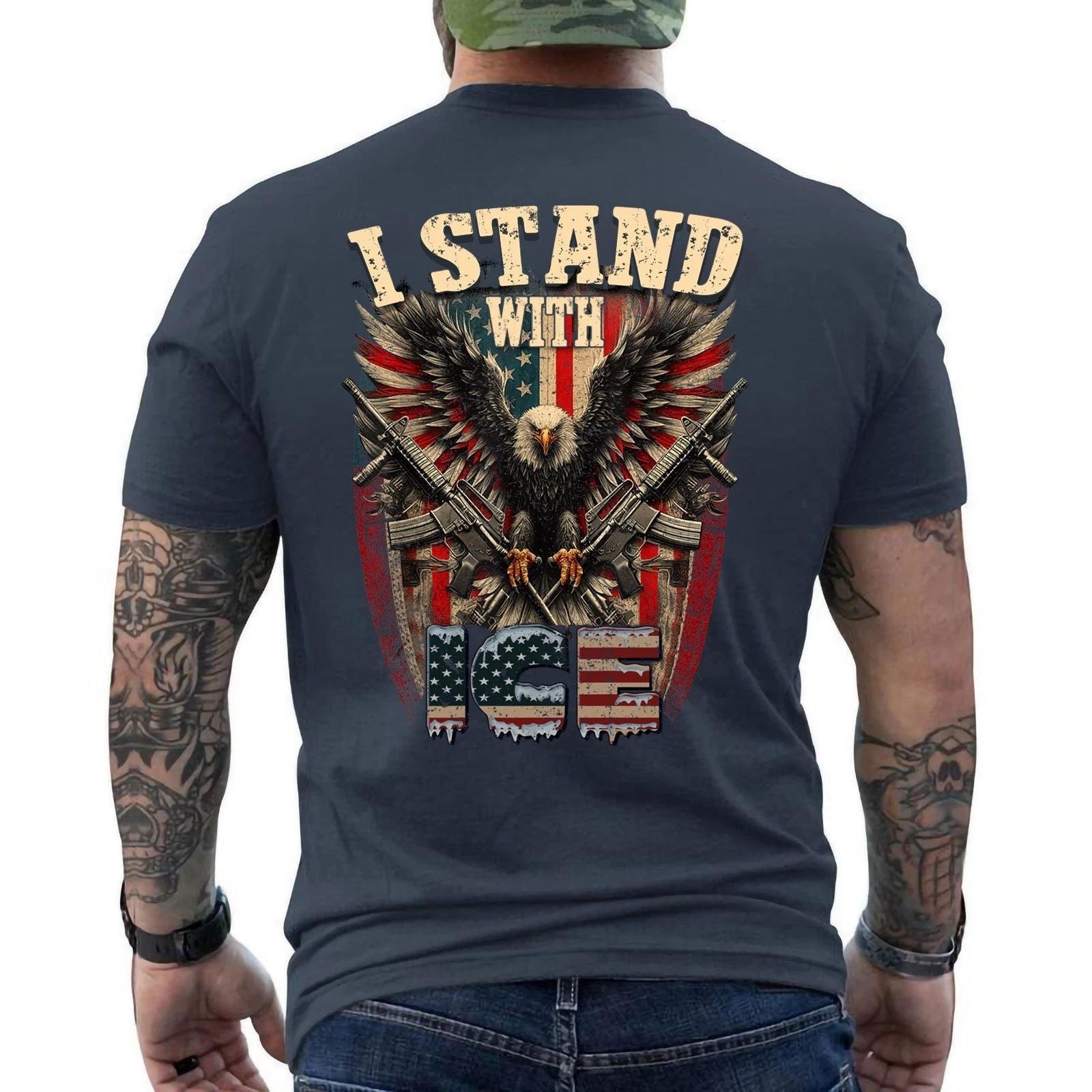 I Stand with ICE, Immigration and Customs Enforcement Patriotic US Flag ON BACK Unisex T-shirt, Sweatshirt, Hoodie, Long Sleeve Tee - T-Shirt, Sweatshirt, Hoodie