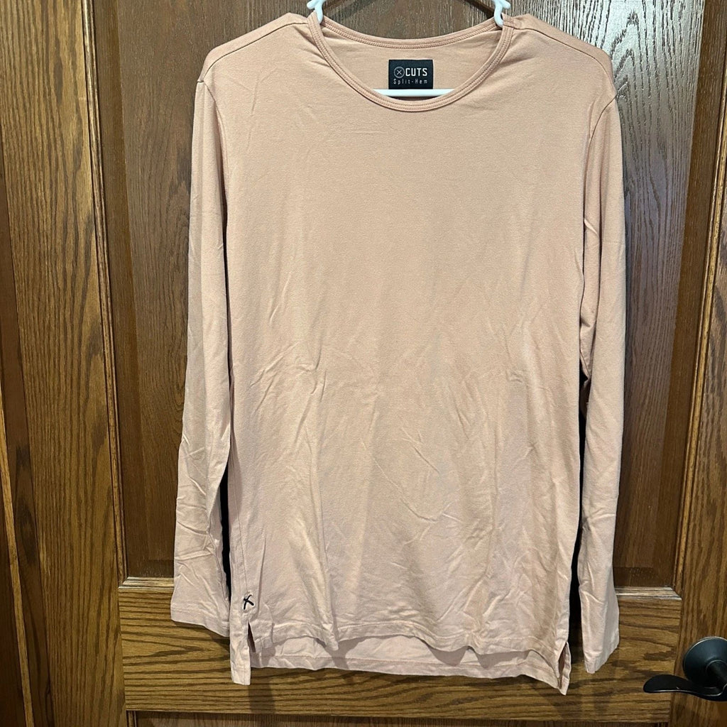 Cuts Split Hem Long Sleeve T Shirt Mens Size M Mocha Crew Neck Casual Top Unisex T-shirt, Sweatshirt, Hoodie, Long Sleeve Tee - T-Shirt, Sweatshirt, Hoodie
