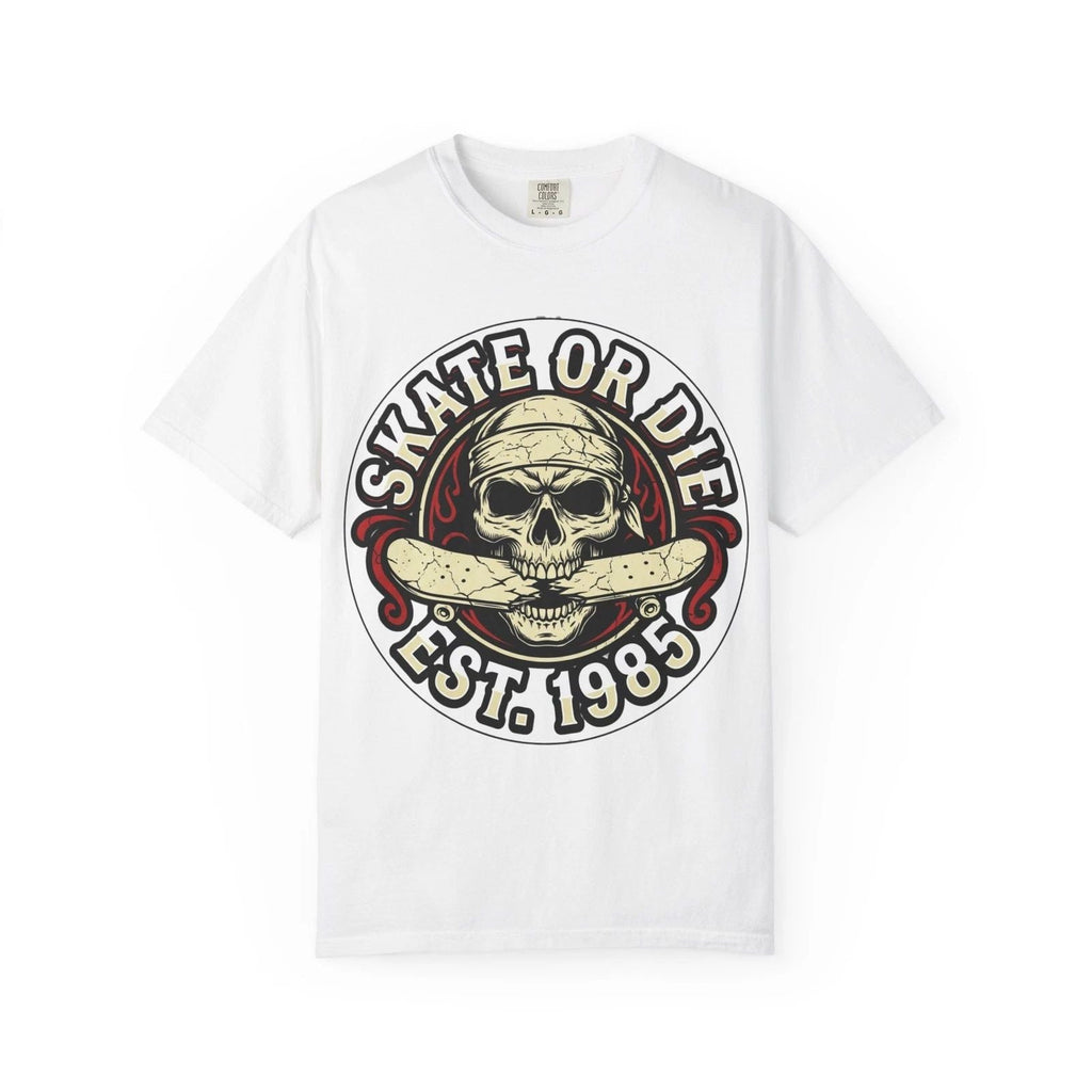 Skull with Skateboard 'Skate or Die Est. 1985' T-Shirt Unisex T-shirt, Sweatshirt, Hoodie, Long Sleeve Tee - T-Shirt, Sweatshirt, Hoodie