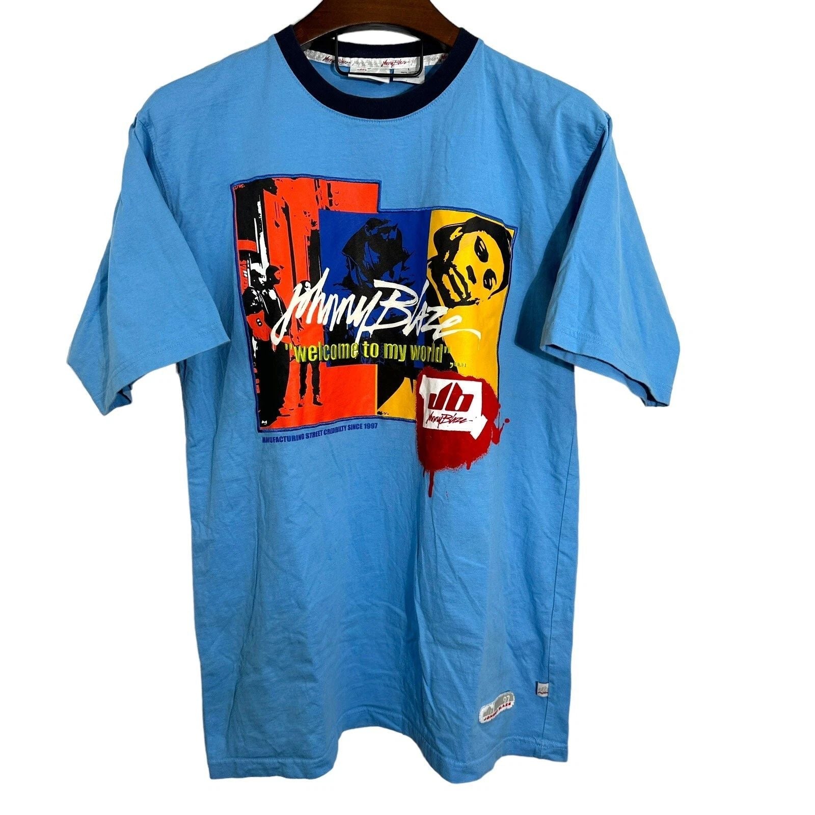 VTG JOHNNY BLAZE Welcome To My World Blue T-Shirt Streetwear Method Man Large Unisex T-shirt, Sweatshirt, Hoodie, Long Sleeve Tee - T-Shirt, Sweatshirt, Hoodie