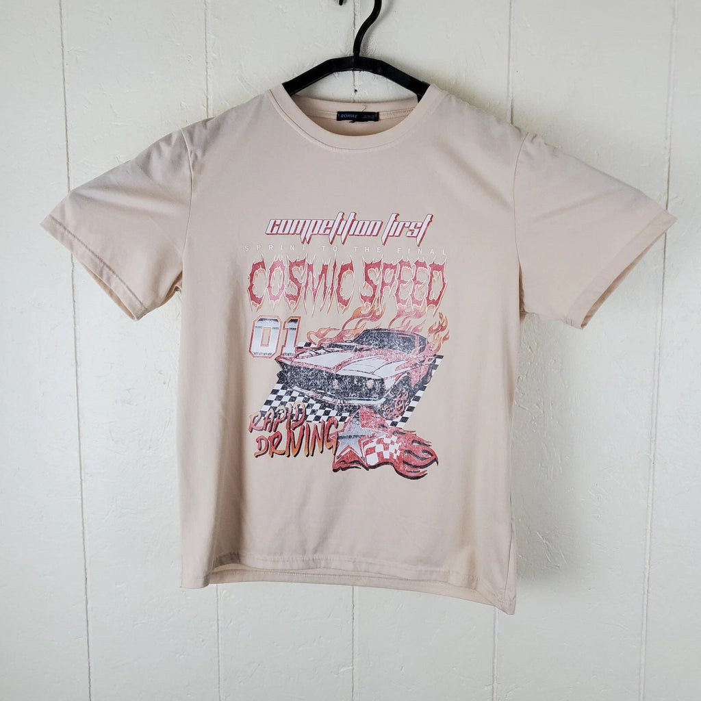 Romwe Shirt Mens Small Beige Graphic Crew Neck Short Sleeve Stretch Pullover Unisex T-shirt, Sweatshirt, Hoodie, Long Sleeve Tee - T-Shirt, Sweatshirt, Hoodie