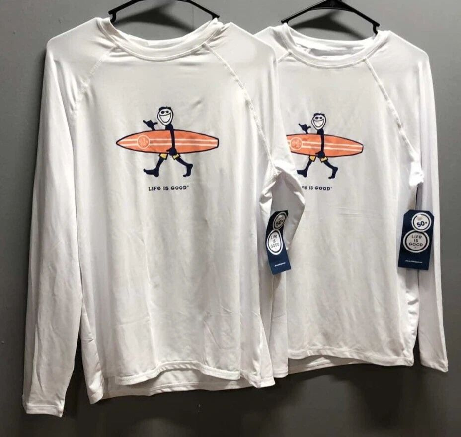 2PK Life Is Good Men's Long Sleeve SunShirt UPF 50+ ~ Surfing Jack ~ White~Small Unisex T-shirt, Sweatshirt, Hoodie, Long Sleeve Tee - T-Shirt, Sweatshirt, Hoodie