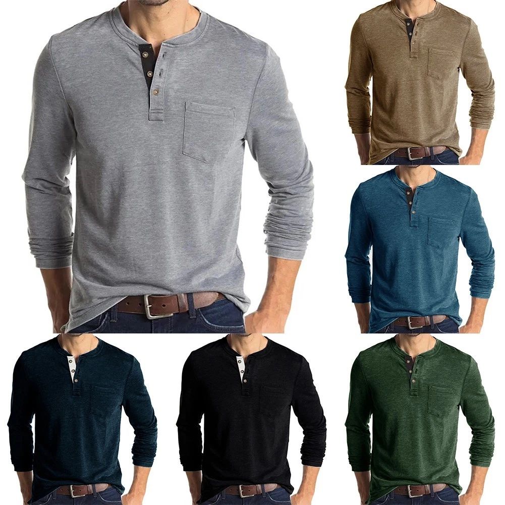 Trendy Men's Casual Long Sleeve Henley Grandad V Neck Muscle Tee Shirt Top Unisex T-shirt, Sweatshirt, Hoodie, Long Sleeve Tee - T-Shirt, Sweatshirt, Hoodie