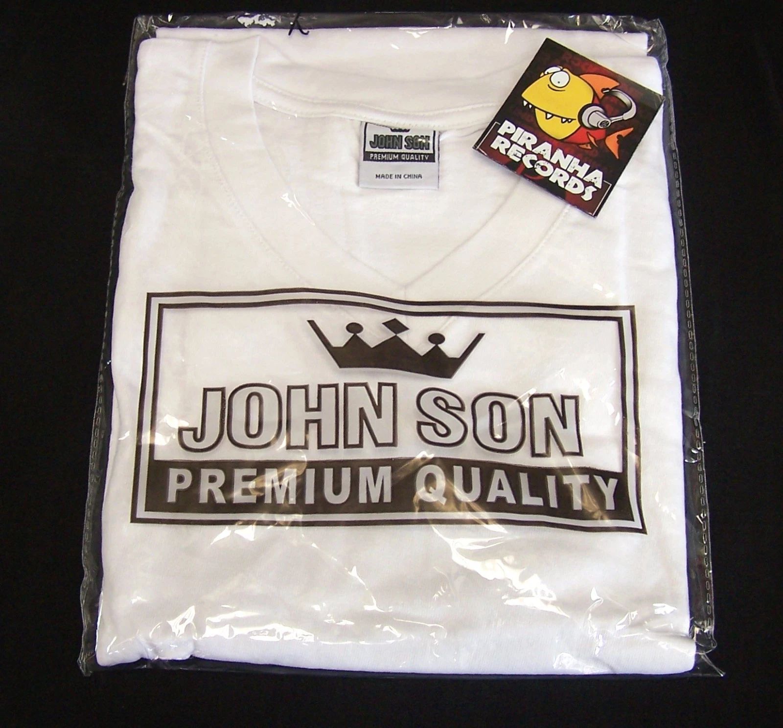 John Son Premium Quality White V-Neck Shirt M-5XL 100% Cotton Piranha Records Unisex T-shirt, Sweatshirt, Hoodie, Long Sleeve Tee - T-Shirt, Sweatshirt, Hoodie