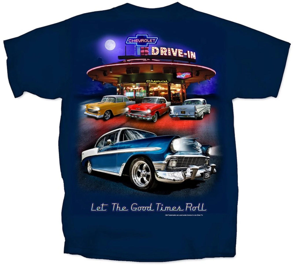 Chevy Tri-Five T-Shirt - Blue w/ 1955-1957 Bel Air 150 210 Drive In Scene Unisex T-shirt, Sweatshirt, Hoodie, Long Sleeve Tee - T-Shirt, Sweatshirt, Hoodie