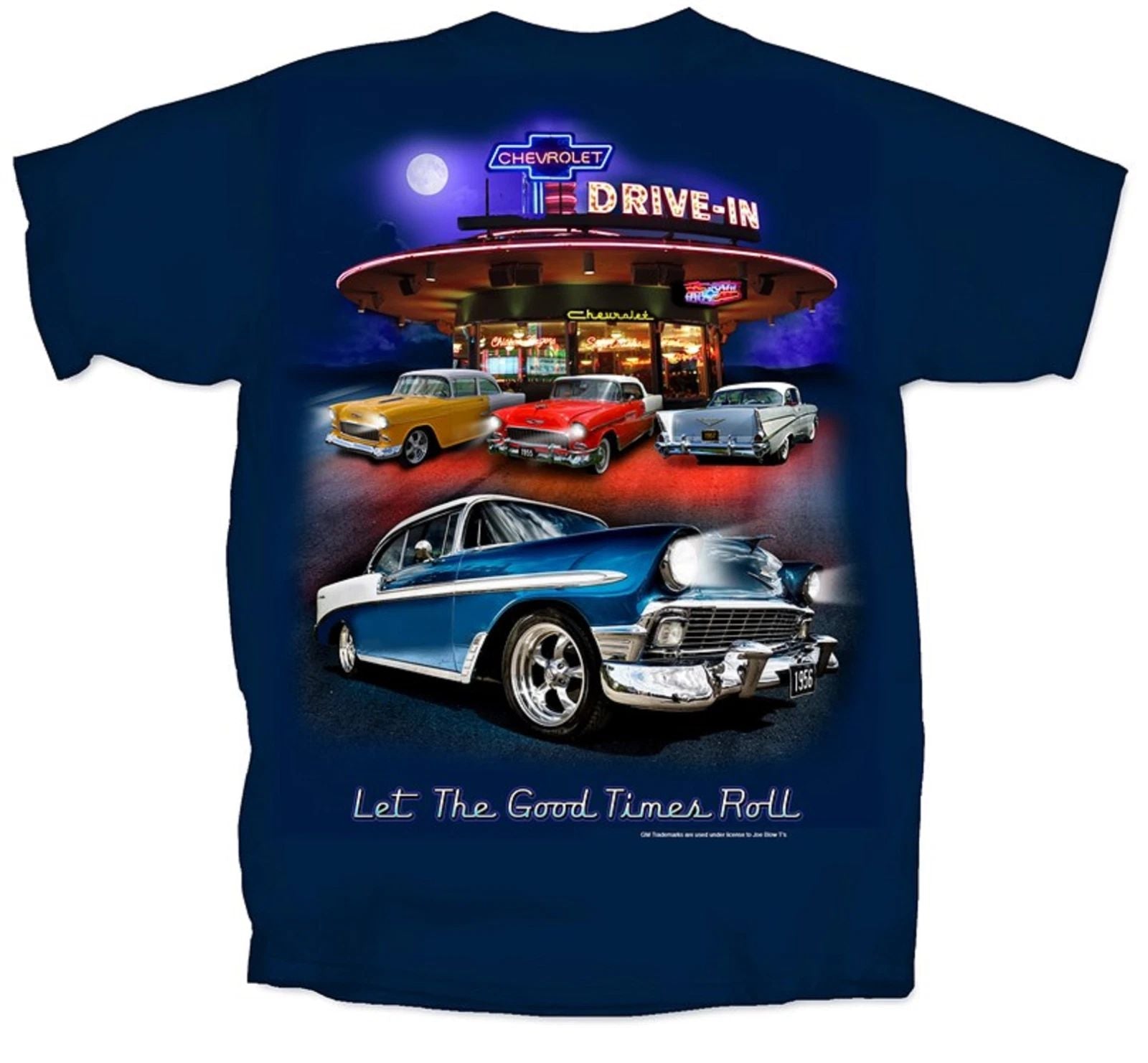 Chevy Tri-Five T-Shirt - Blue w/ 1955-1957 Bel Air 150 210 Drive In Scene Unisex T-shirt, Sweatshirt, Hoodie, Long Sleeve Tee - T-Shirt, Sweatshirt, Hoodie