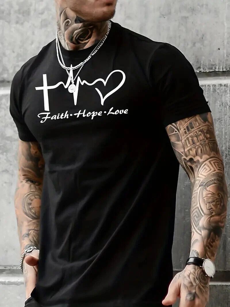 T-Shirt Men Faith Hope Love Cross Heart Graphic Print Black Casual Short Sleeve Unisex T-shirt, Sweatshirt, Hoodie, Long Sleeve Tee - T-Shirt, Sweatshirt, Hoodie