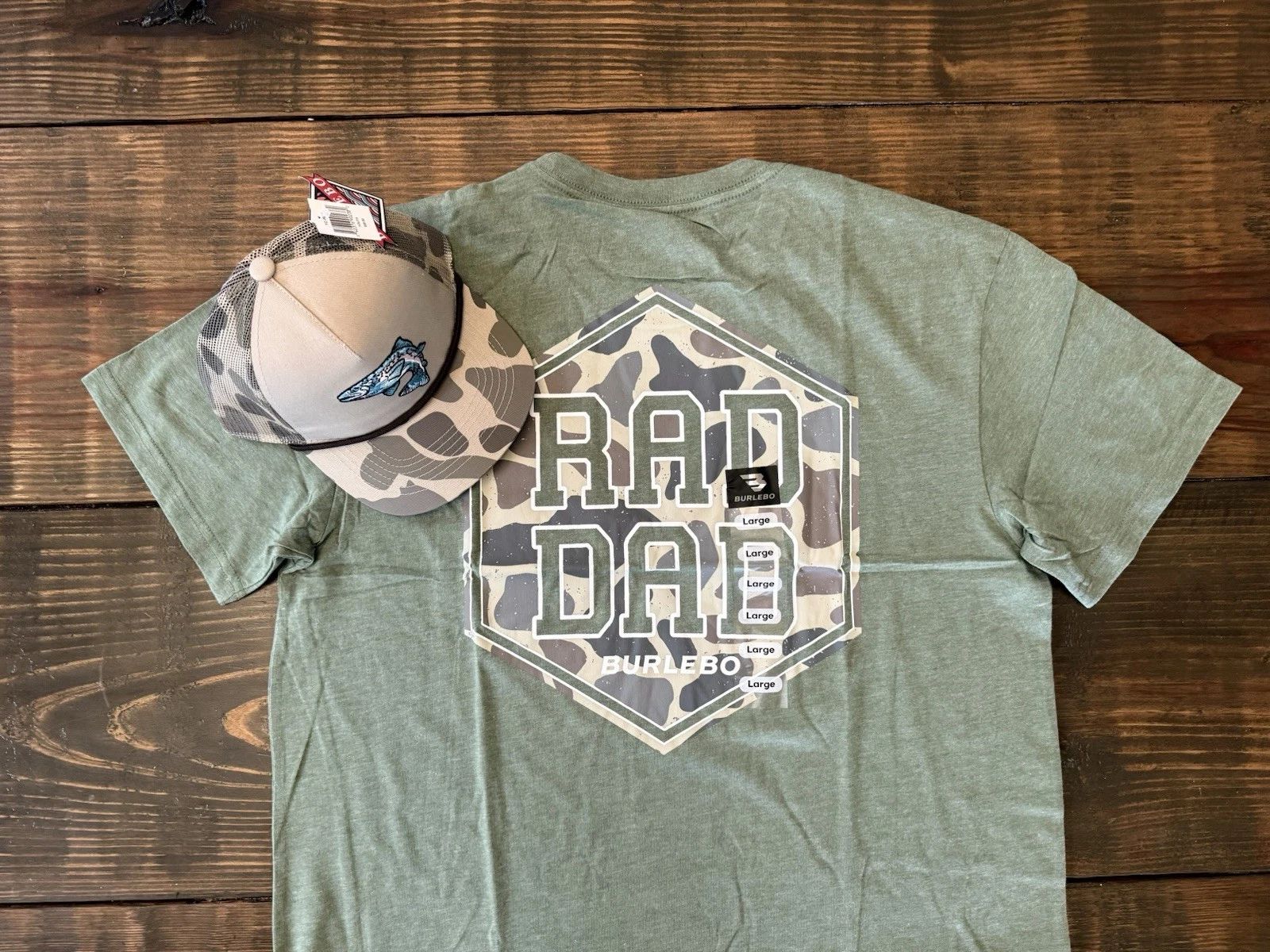 Burlebo Large Rad Dad Tee &  Retro Camo Trout Adjustable Cap New With Tags Unisex T-shirt, Sweatshirt, Hoodie, Long Sleeve Tee - T-Shirt, Sweatshirt, Hoodie