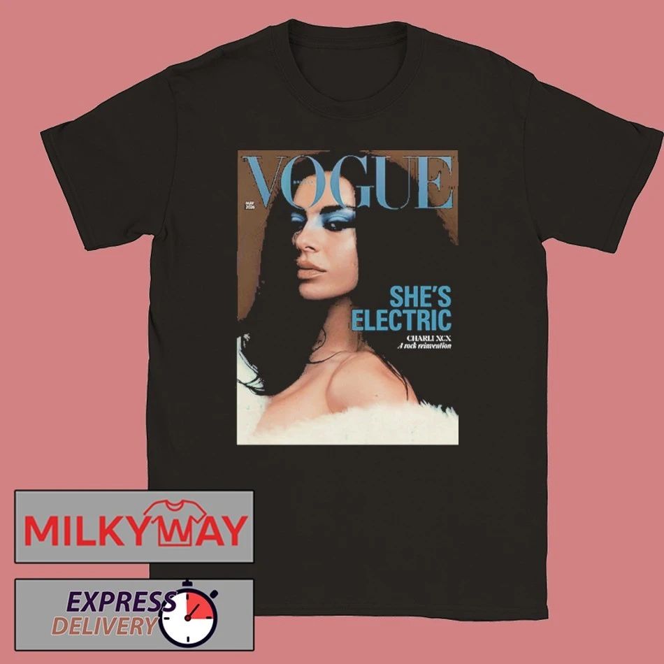 Charli XCX Graces On British Vogue May 2026 Shes Electric shirt Unisex T-shirt, Sweatshirt, Hoodie, Long Sleeve Tee - T-Shirt, Sweatshirt, Hoodie