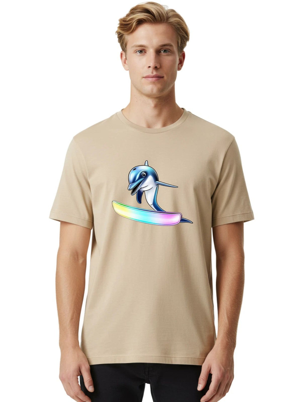 Dolphin-Surfing-1 Mens Graphic Tee, 100% Cotton, Casual Summer Wear Unisex T-shirt, Sweatshirt, Hoodie, Long Sleeve Tee - T-Shirt, Sweatshirt, Hoodie