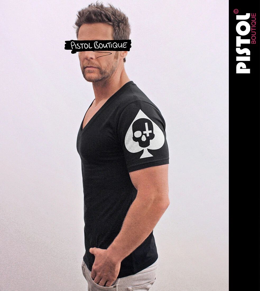 Pistol Boutique Men's Fitted Black Deep V neck Sleeve SKULL ACE SPADES T-shirt Unisex T-shirt, Sweatshirt, Hoodie, Long Sleeve Tee - T-Shirt, Sweatshirt, Hoodie
